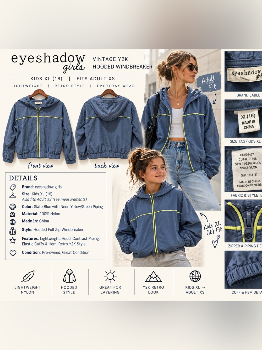 Eyeshadow Girls Windbreaker Kids XL 16 Adult XS Blue Y2K Nylon Jacket